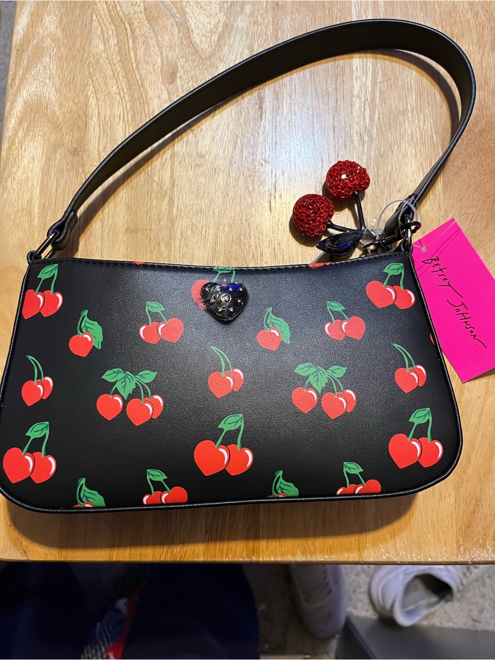 Betsey Johnson Black Cherry Print Shoulder Bag with Red Charm